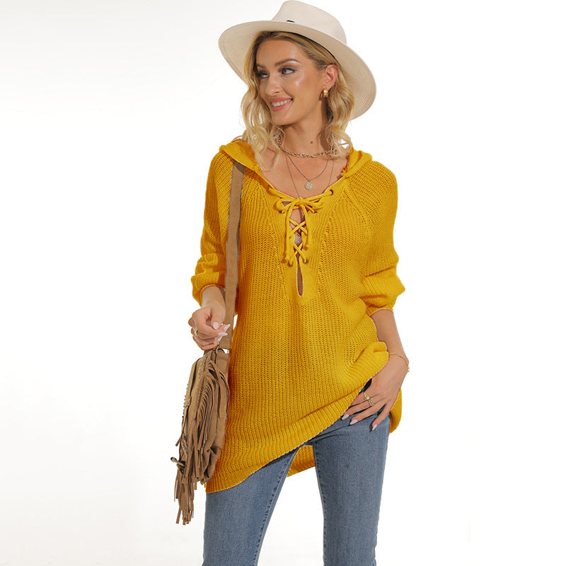 Damen lässiger Strickpullover mit einzigartigem Schnürdesign und lockerer Passform Heidi-Mode
