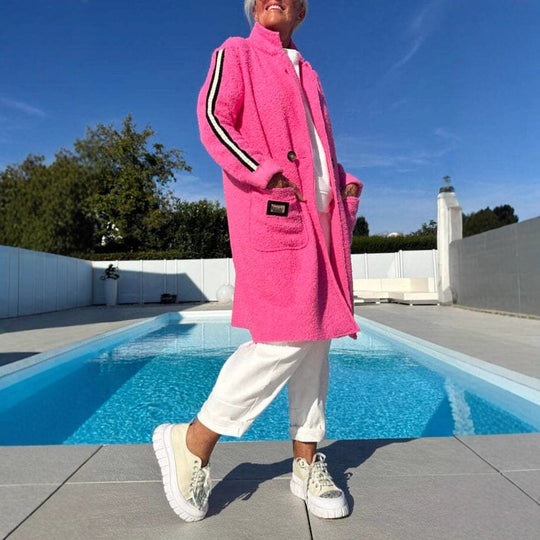 Damen eleganter Teddy-Mantel mit zwei Taschen und sportlichen Streifen Heidi-Mode