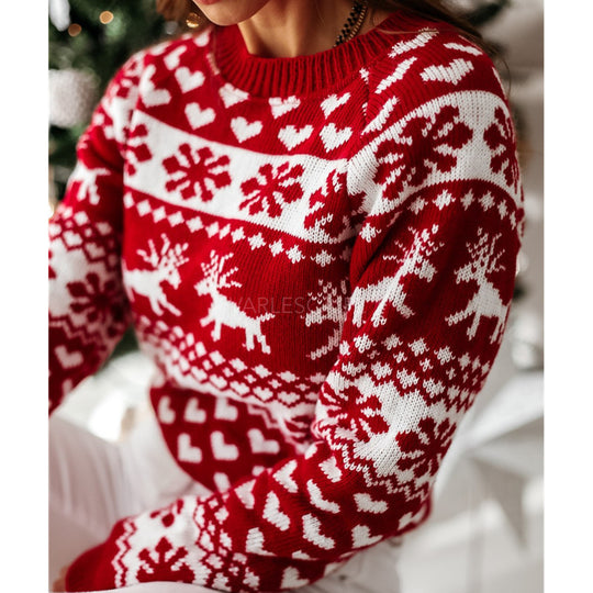 Damen Strickpullover mit weihnachtlichem Muster und Rundhalsausschnitt Heidi-Mode
