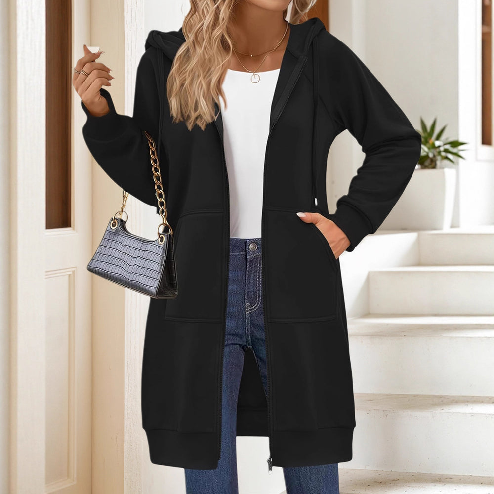 Damen Lange Kapuzenjacke mit Reißverschluss und praktischen Taschen Heidi-Mode