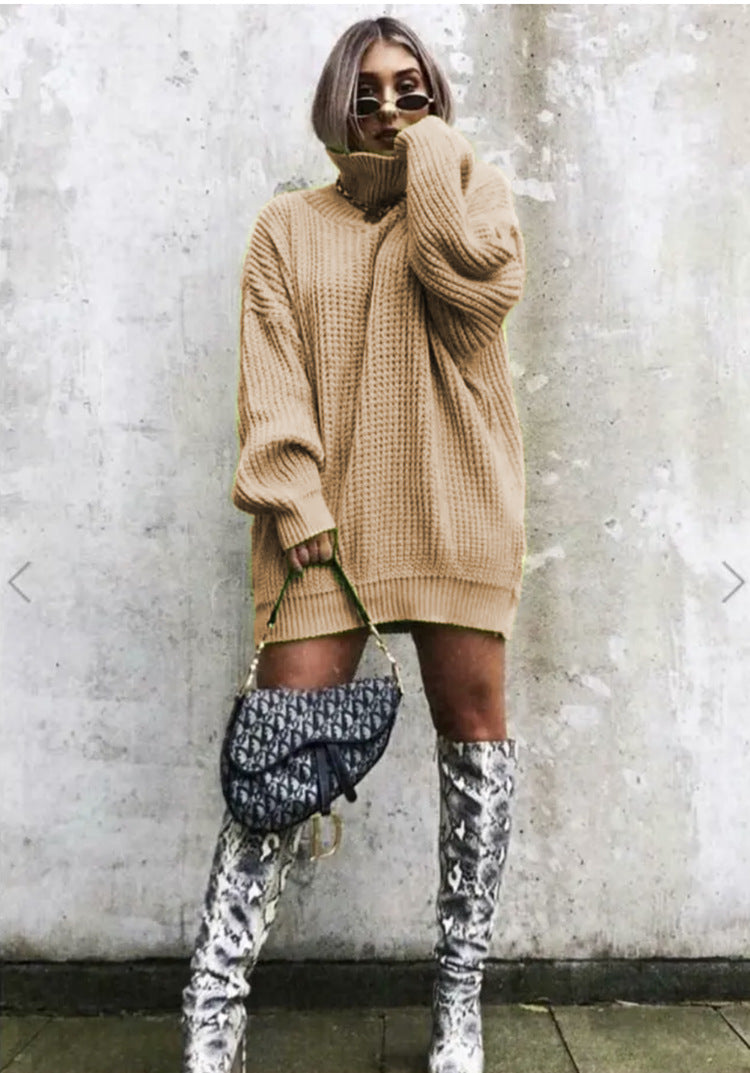 Damen Oversized Strickpullover mit hohem Kragen und Waffelmuster Heidi-Mode