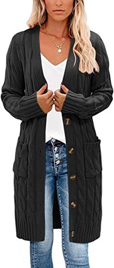 Damen Strickjacke mit asymmetrischem Zopfmuster und praktischen Taschen Heidi-Mode
