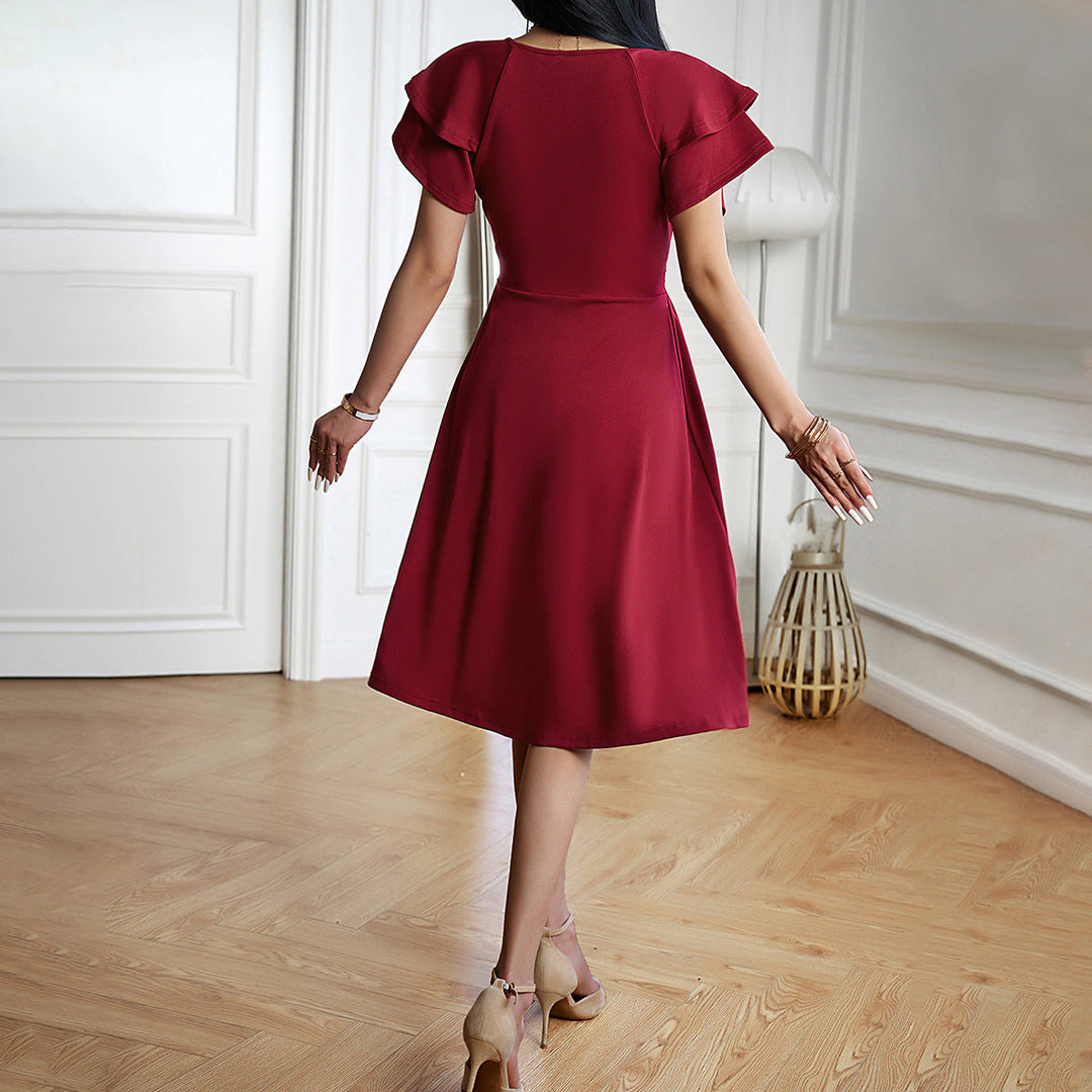 Heidi-Mode | V-Ausschnitt Einfarbig Kurzarmkleid Für Frauen