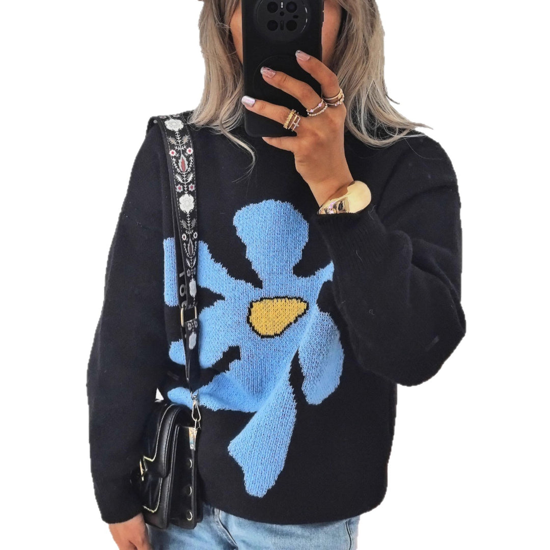 Damen Pullover mit auffälligem Blütenmotiv und lockerer Passform Heidi-Mode