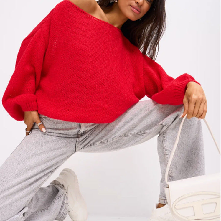 Damen Flauschiger Off-Shoulder Pullover mit überschnittenen Schultern Heidi-Mode
