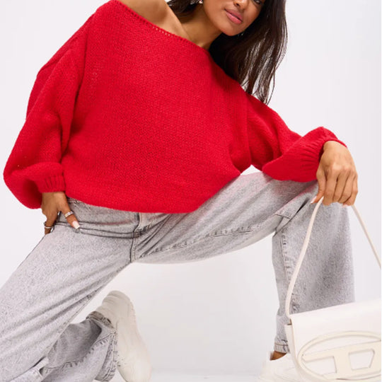 Damen Flauschiger Off-Shoulder Pullover mit überschnittenen Schultern Heidi-Mode