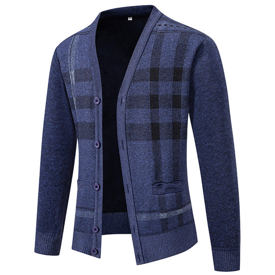Herren stilvolle Strickjacke mit modernem Karomuster und praktischen Taschen Heidi-Mode