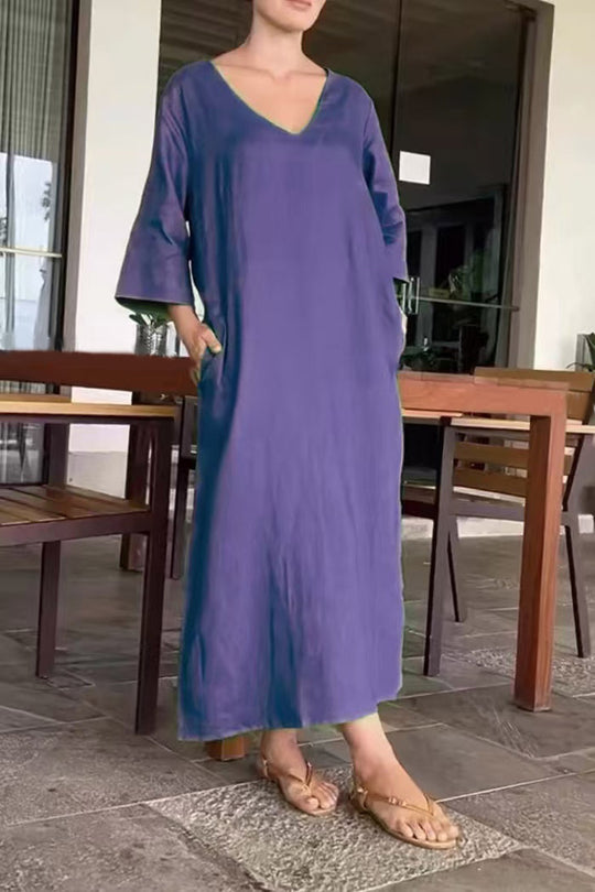 Damen luftiges Maxikleid aus atmungsaktiver Baumwolle mit V-Ausschnitt und praktischen Taschen Heidi-Mode