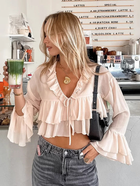Damen Chiffon Bluse mit Rüschendetails und schickem Kordelzug Heidi-Mode
