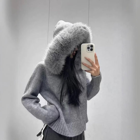 Damen kuschelige Strickjacke mit luxuriösem Pelzkragen und Reißverschluss Heidi-Mode