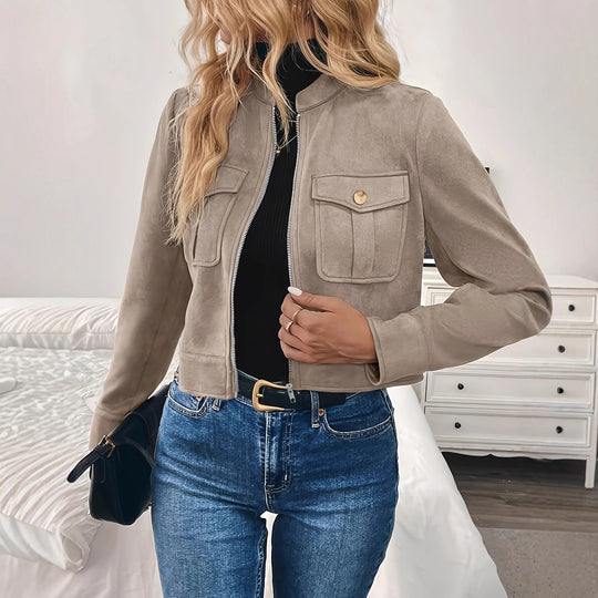 Damen modische Kurzjacke aus hochwertigem Kunstleder mit praktischen Taschen Heidi-Mode