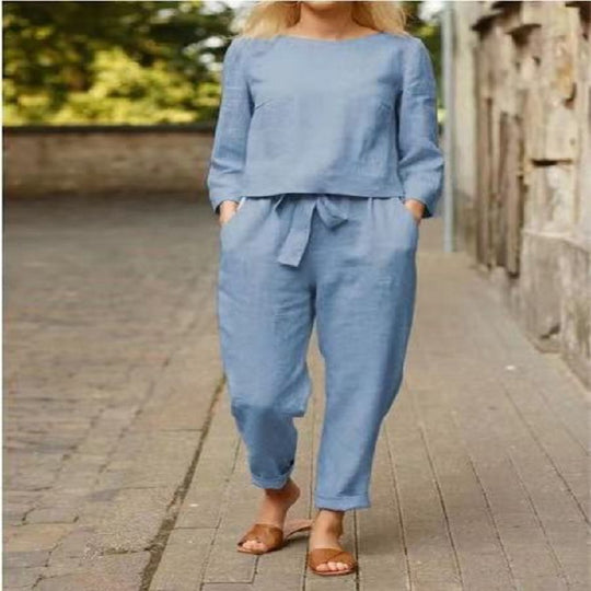 Damen Leinenanzug mit kurzem Oberteil und elastischem Bund Heidi-Mode