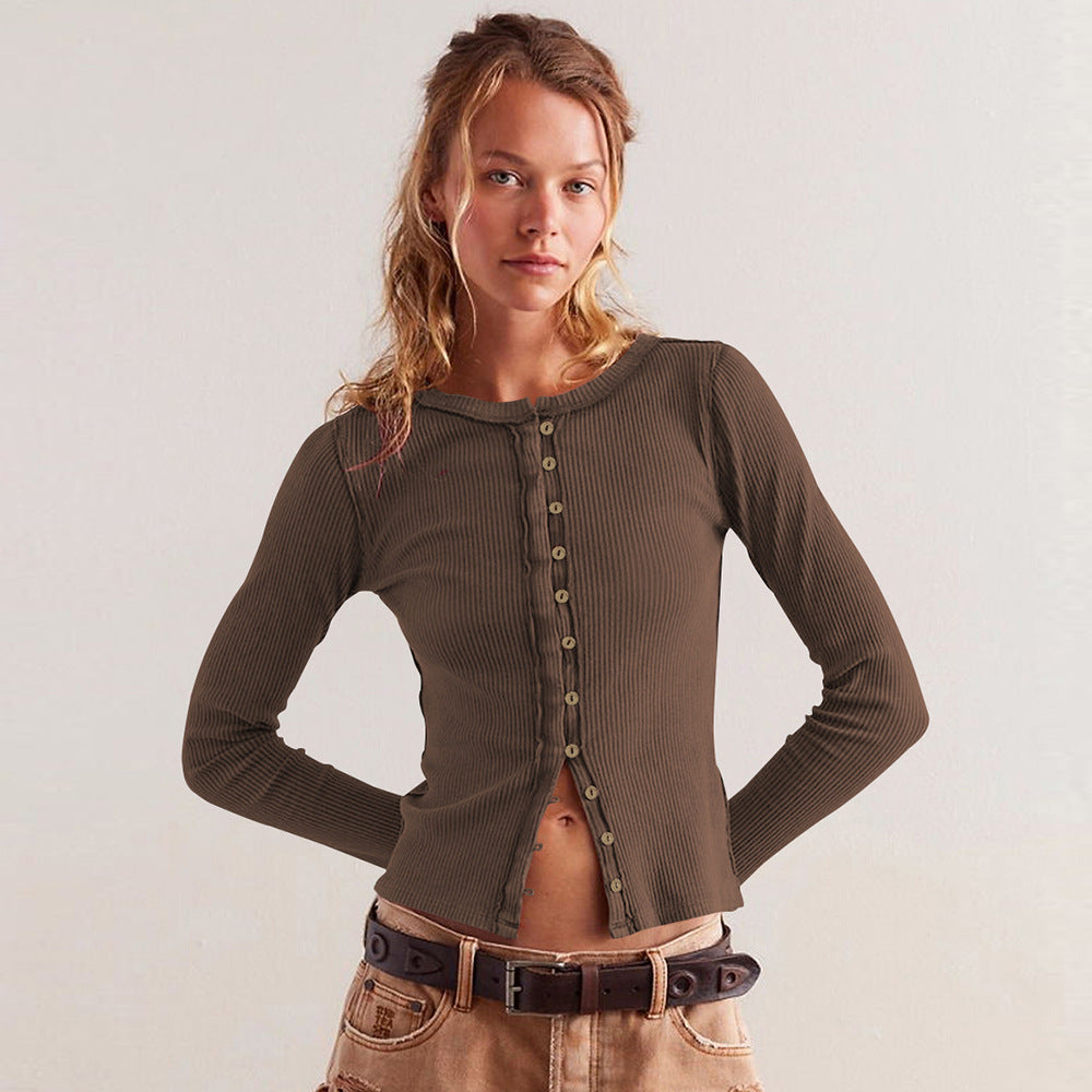 Damen Langärmliges Rippoberteil mit durchgehender Knopfleiste und figurbetontem Schnitt Heidi-Mode