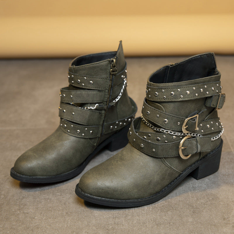 Damen modische Stiefeletten mit verzierten Riemen und Kettenelementen Heidi-Mode