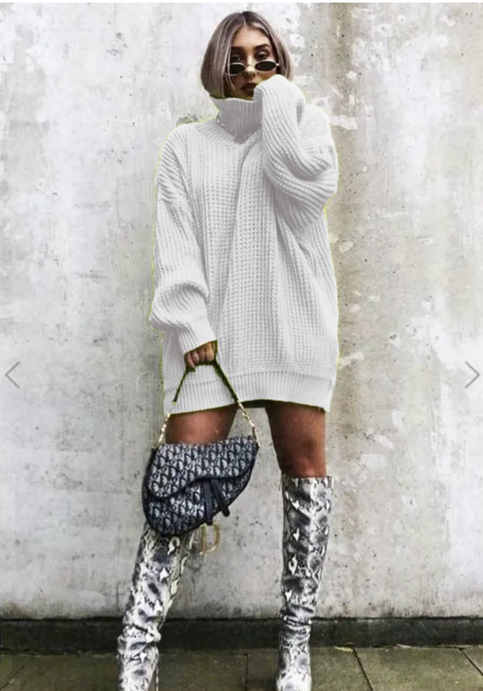 Damen Oversized Strickpullover mit hohem Kragen und Waffelmuster Heidi-Mode