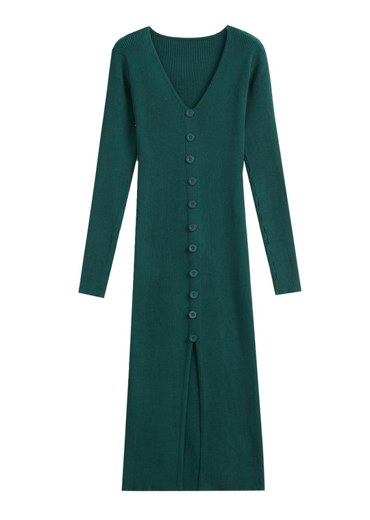 Damen Langärmliges Maxikleid mit Rippstruktur und Knopfdetail Heidi-Mode