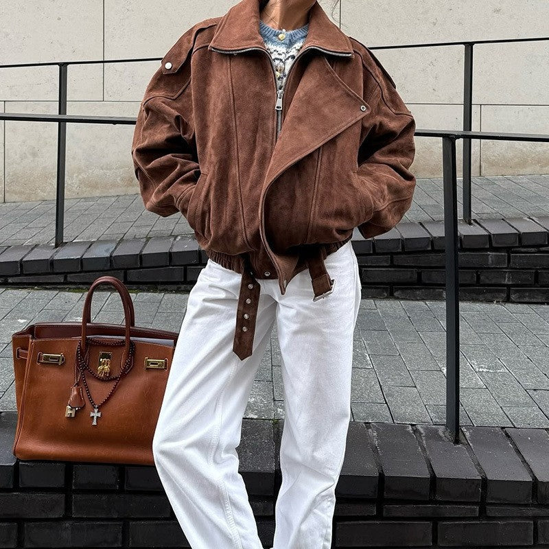 Damen modischer Wildleder-Style Oversized-Jacke mit Gürtel Heidi-Mode