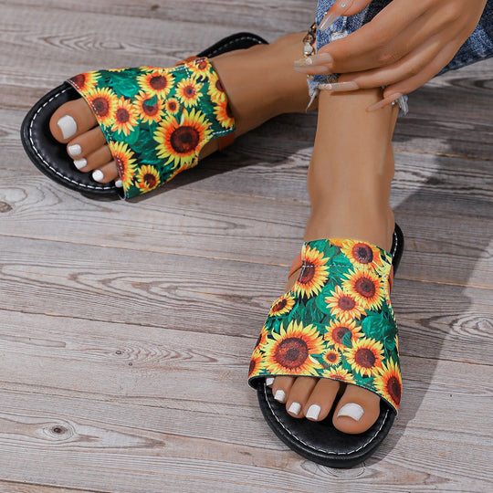 Damen Pantoletten mit floralem Sonnenblumen-Design und bequemem Fußbett Heidi-Mode