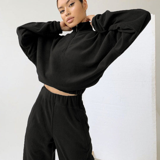 Damen lässiges Fleece-Loungewear-Set mit modernem Reißverschluss und weiten Ärmeln Heidi-Mode