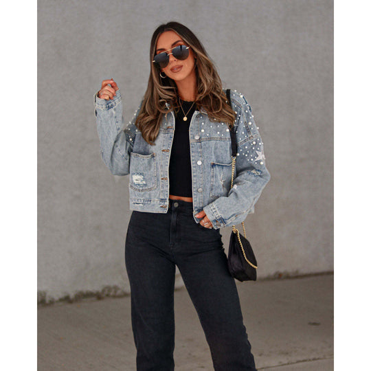 Damen Jeansjacke mit auffälligen Applikationen und oversized Schnitt Heidi-Mode