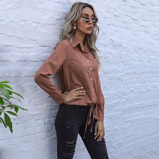 Damen Elegante Bluse mit Krawattenverschluss und Brusttaschen Heidi-Mode