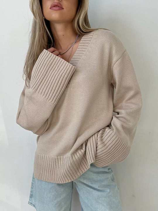 Damen lässiger V-Ausschnitt Pullover mit strukturierter Textur Heidi-Mode