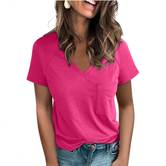Damen V-Ausschnitt T-Shirt mit Brusttasche Heidi-Mode