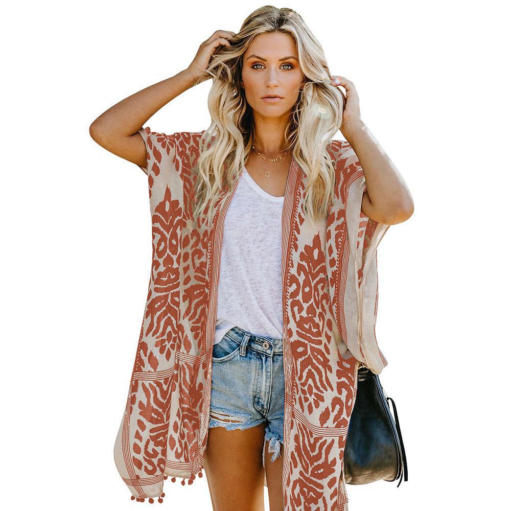 Damen Luftige Kimono-Cardigan mit aufwändigem Muster und fransenbesetzten Saum Heidi-Mode