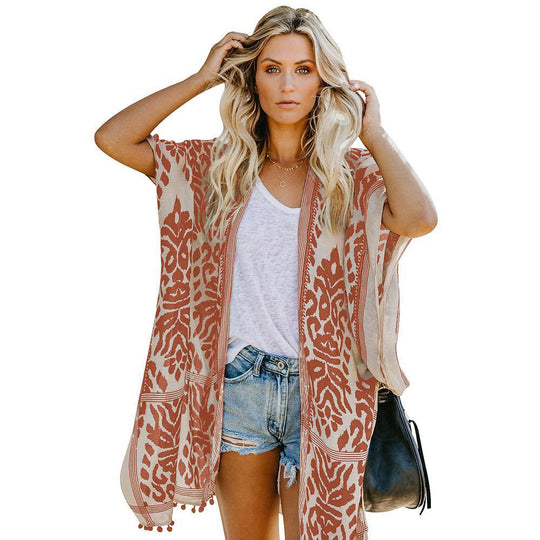 Damen Luftige Kimono-Cardigan mit aufwändigem Muster und fransenbesetzten Saum Heidi-Mode