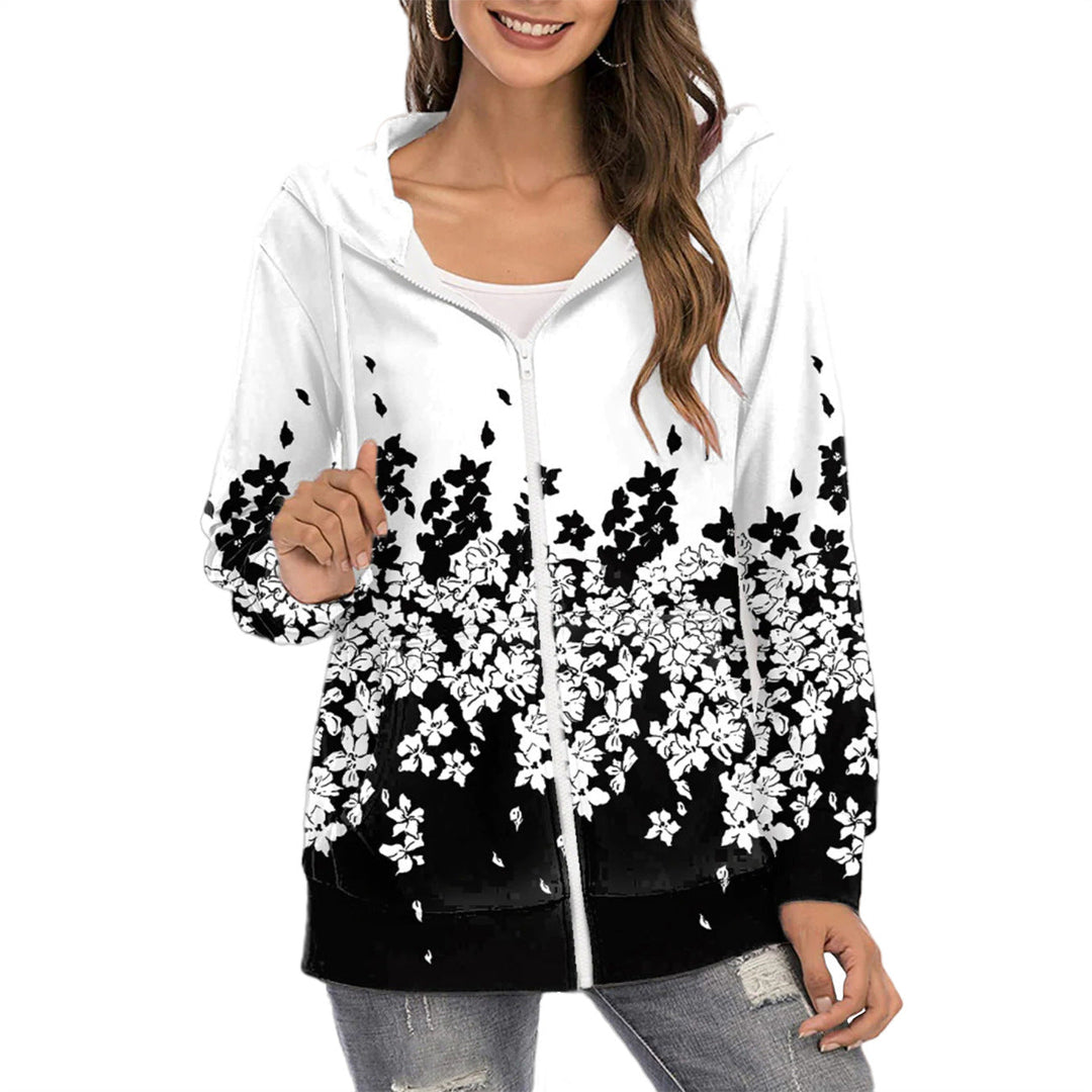 Heidi-Mode | Mode Floral Print Langarm Zip Auf Kapuzenpullover Sweatshirt
