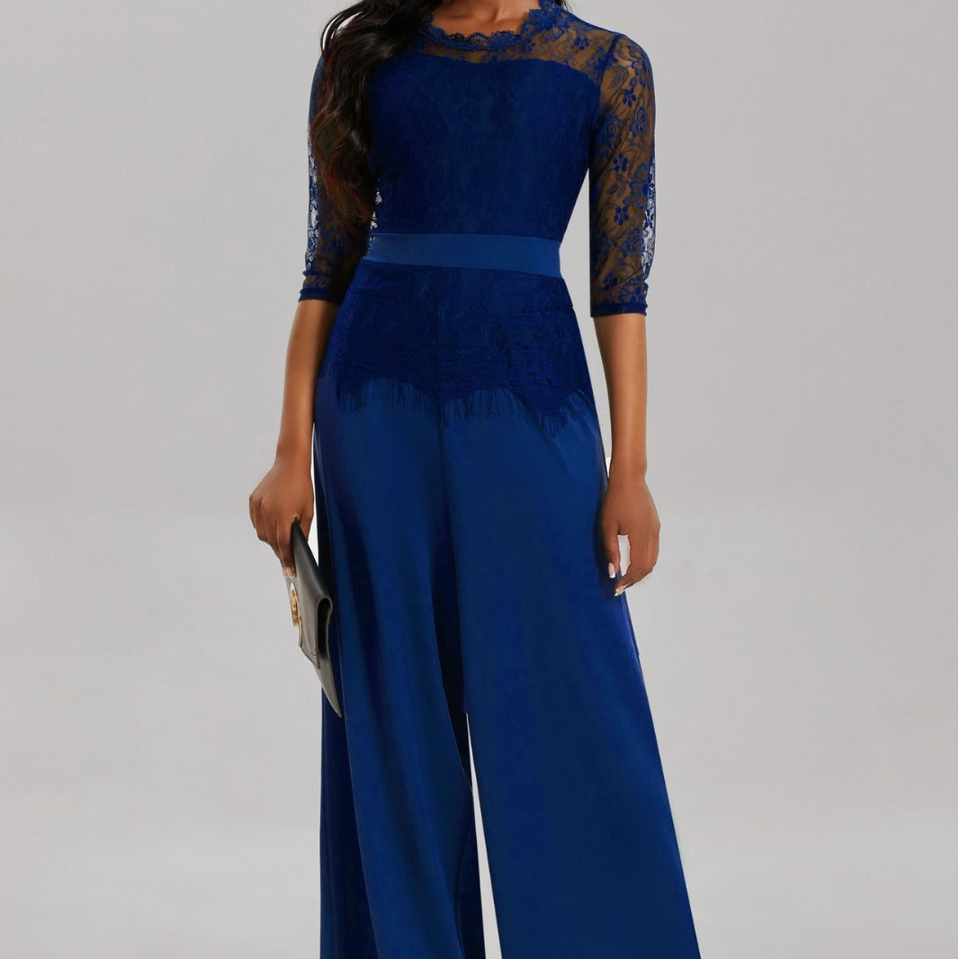 Damen Eleganter Jumpsuit mit Spitzenärmeln und weitem Bein Heidi-Mode