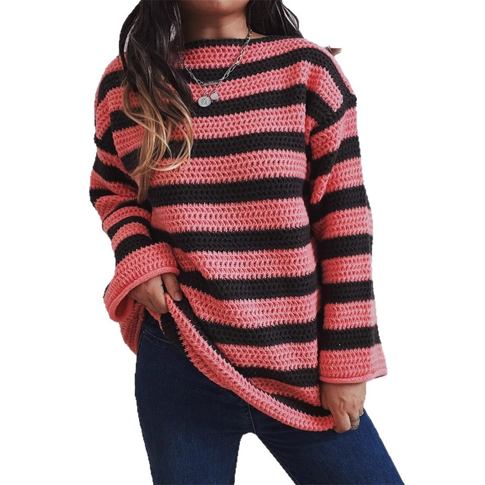 Damen lässiger Strickpullover mit kontrastierenden Streifen und weitem Schnitt Heidi-Mode
