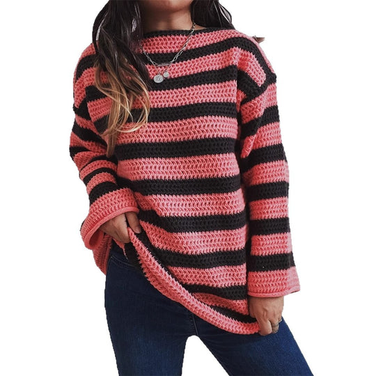 Damen lässiger Strickpullover mit kontrastierenden Streifen und weitem Schnitt Heidi-Mode