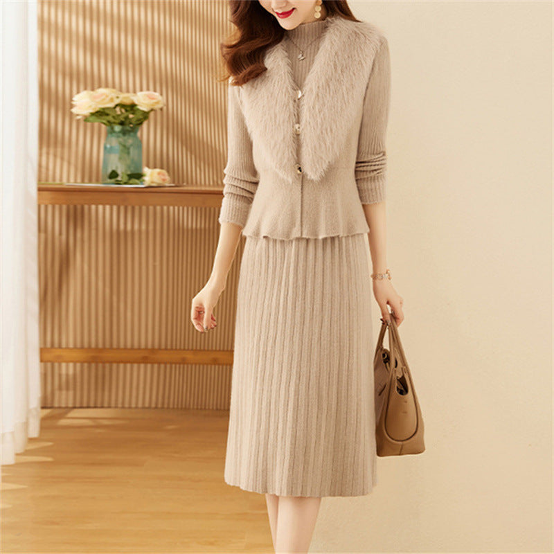 Damen elegantes Strickset mit hochwertigem Fellkragen und modischer Rippstruktur Heidi-Mode
