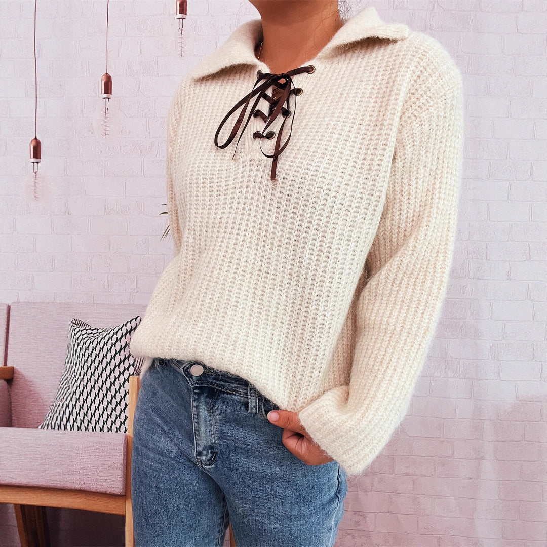 Damen lässiger Strickpullover mit dekorativem Schnürdetail und breiten Ärmel Heidi-Mode