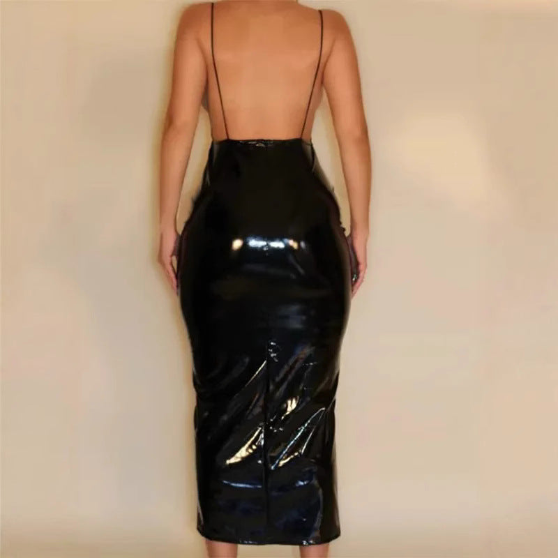 Damen Hochwetiges Lack-Midi-Kleid mit verführerischem V-Ausschnitt und Taillierung Heidi-Mode