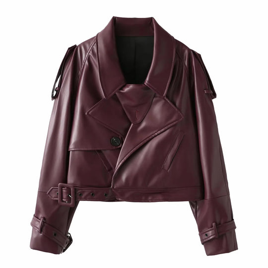 Damen coole cropped Kunstlederjacke mit asymmetrischem Kragen und modischem Design Heidi-Mode