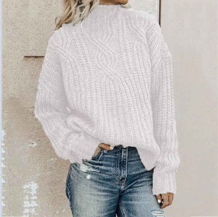 Damen Strickpullover mit hohem Kragen und Zopfmuster Heidi-Mode