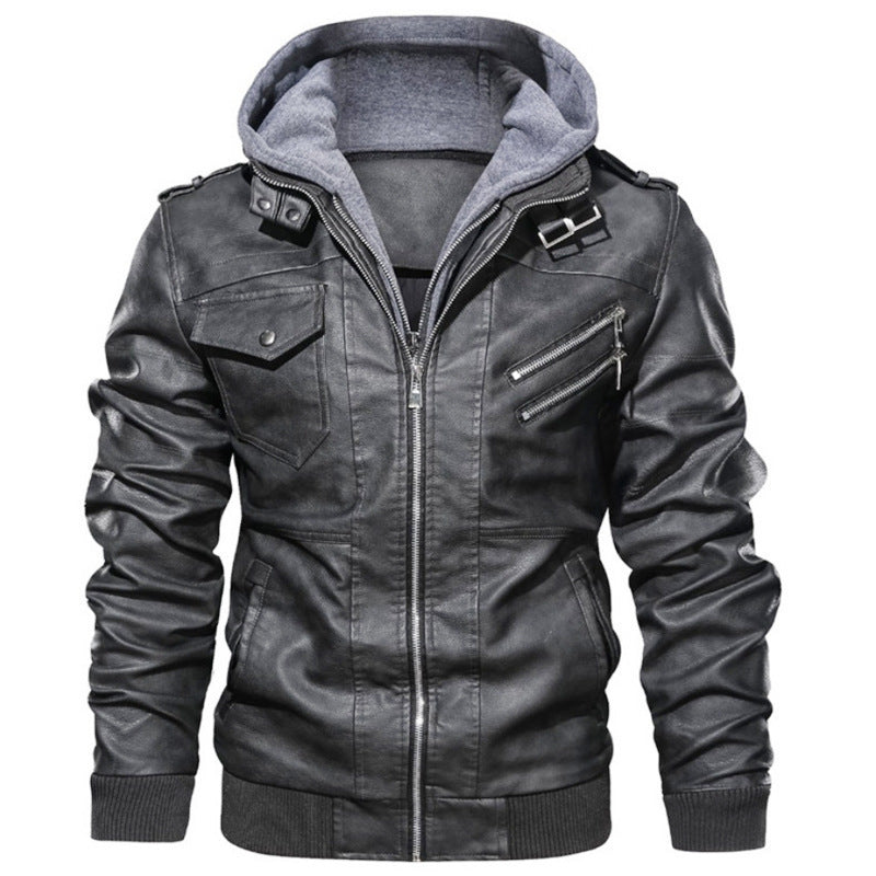 Herren lässige Kunstlederjacke mit abnehmbarer Kapuze und zahlreichen Taschen Heidi-Mode