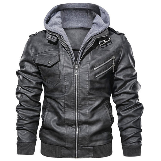 Herren lässige Kunstlederjacke mit abnehmbarer Kapuze und zahlreichen Taschen Heidi-Mode