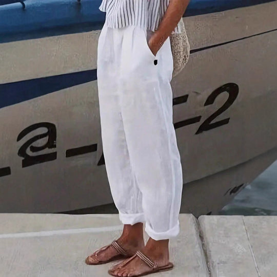 Damen Leichte und luftige Leinenhose mit elastischem Hüftbund und Seitentaschen Heidi-Mode