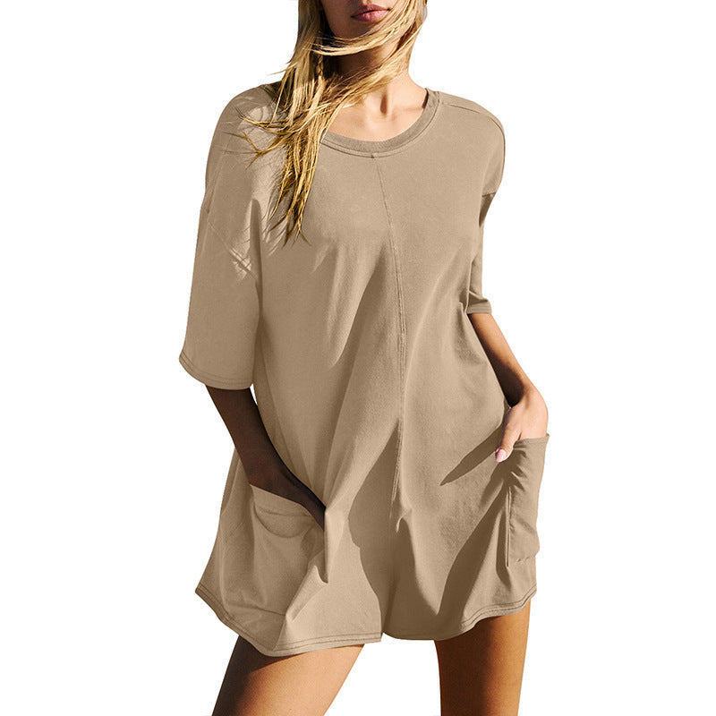 Damen lässiges Oversized T-Shirt-Kleid mit seitlichen Taschen und geradem Schnitt Heidi-Mode