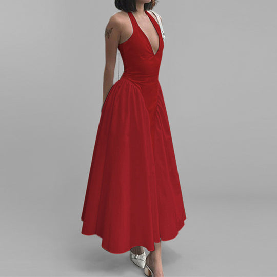 Damen Maxikleid mit tiefem V-Ausschnitt und schwingendem Rock Heidi-Mode
