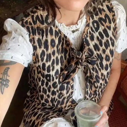 Damen ärmelloses Top mit charmantem Schleifenverschluss und modischem Leoprint Heidi-Mode