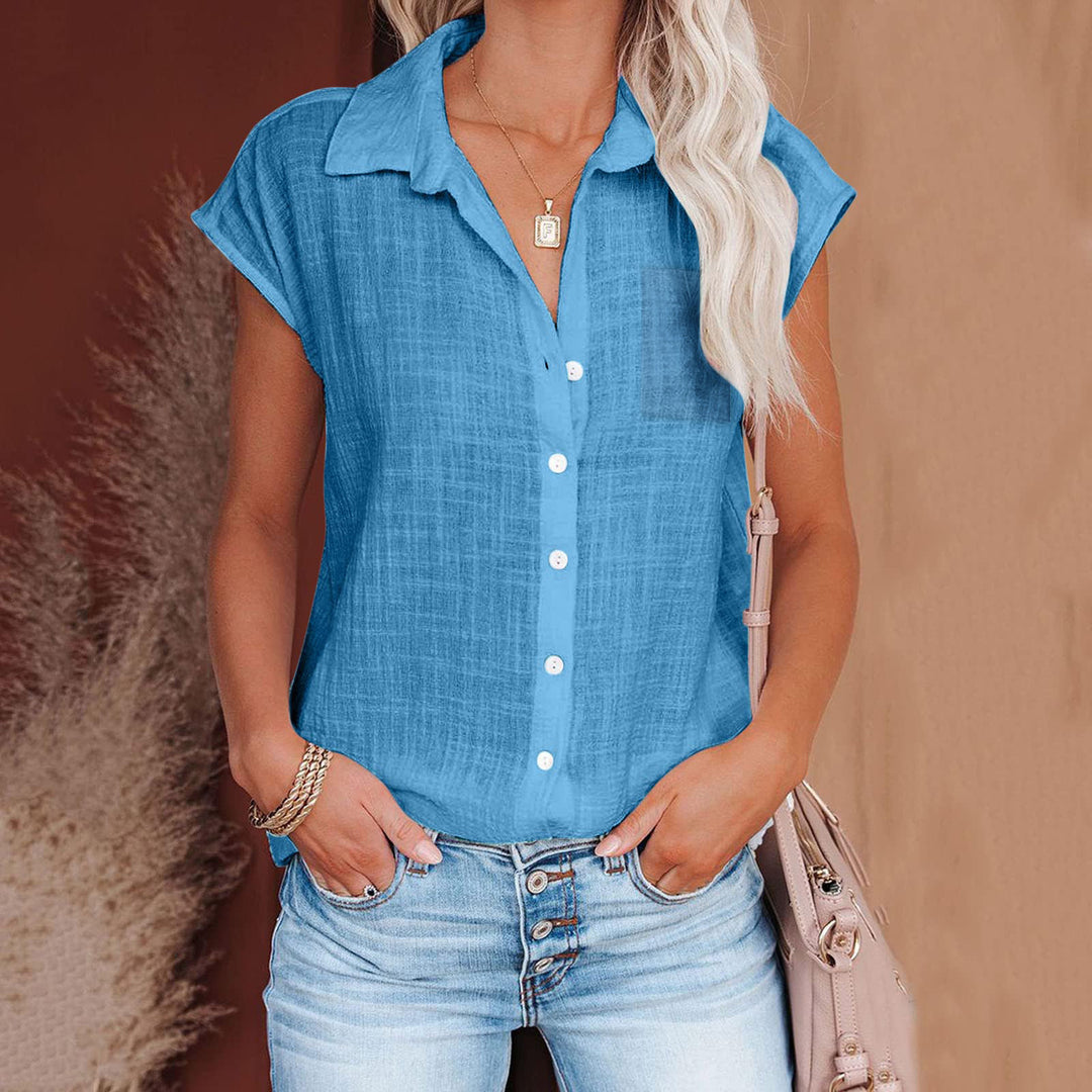Damen Kurzarm Hemdbluse aus leichtem Leinenmix mit durchgehender Knopfleiste Heidi-Mode