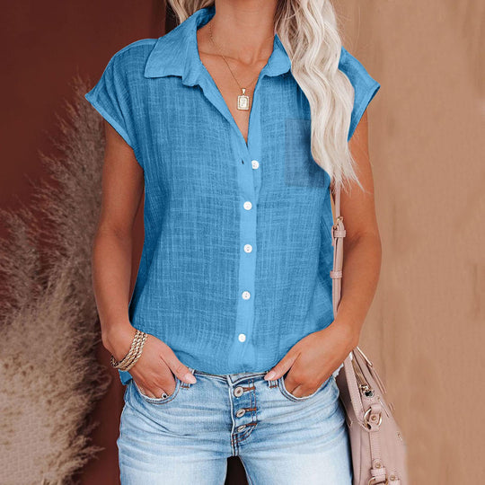 Damen Kurzarm Hemdbluse aus leichtem Leinenmix mit durchgehender Knopfleiste Heidi-Mode
