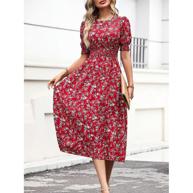 Damen Leichtes Blumendruck Maxi Kleid mit Smock-Taille Heidi-Mode