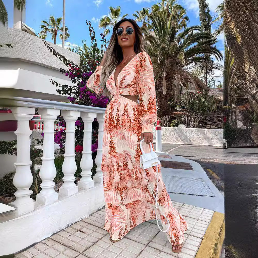 Damen Maxikleid mit elegantem V-Ausschnitt und verspieltem Rüschensaum Heidi-Mode