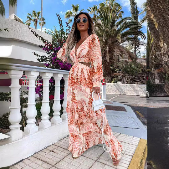 Damen Maxikleid mit elegantem V-Ausschnitt und verspieltem Rüschensaum Heidi-Mode