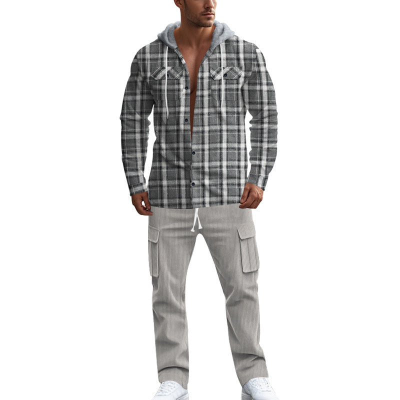 Herren gemusterte Kapuzenshirtjacke mit karierter Struktur und praktischen Taschen Heidi-Mode